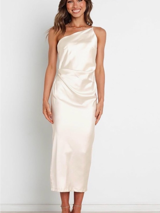 Dresses & Skirts - Women’s Cream Satin One-Shoulder Midi Dress